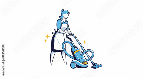Stylized person with blue accents vacuums a floor with sparkles