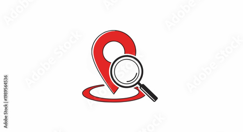 Red location pin with magnifying glass on white background