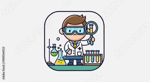 Cute cartoon scientist exploring liquids in beakers and test tubes