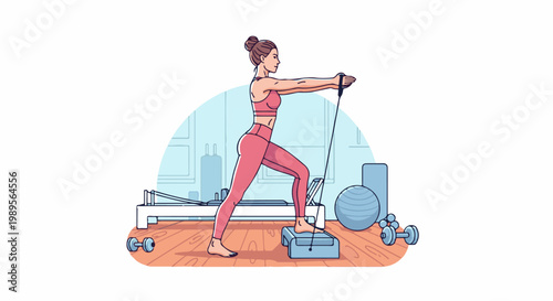Woman doing resistance band exercises in a gym with equipment
