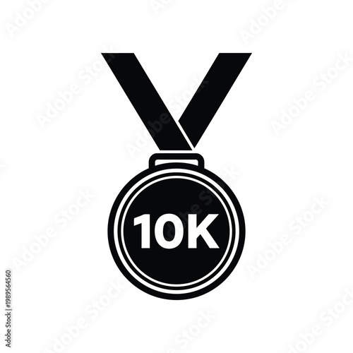 A simple black and white icon of a 10K running race medal on a ribbon.