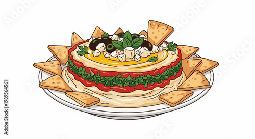 Layered dip with feta, olives, and herbs, surrounded by chips