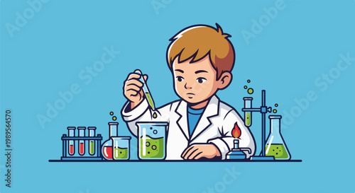 Young scientist in lab coat with experiments, holding dropper