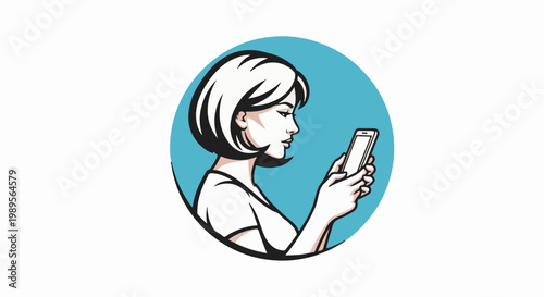 Stylized profile of woman with bob haircut holding a mobile phone