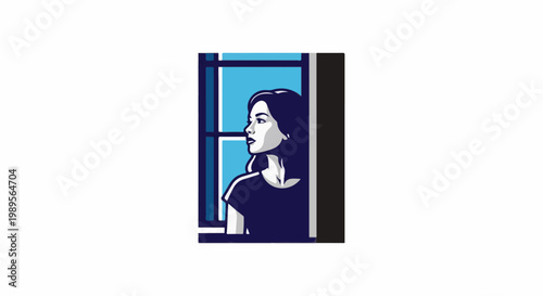 Woman in dark shirt gazes thoughtfully out of a window pane