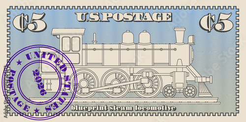 Vector old postage stamp of United States. Retro steam locomotive design. Round purple seal. 2026. Wavy lines. Hobby and philately. Vintage blueprint, line art. US 5 cents. Five