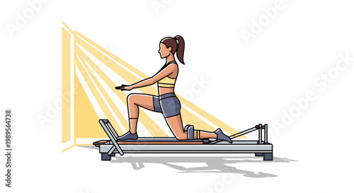 Athletic woman exercises on a reformer machine in bright studio lighting