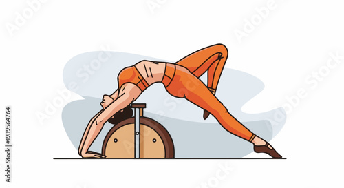 Athletic woman performs intense backbend on curved apparatus