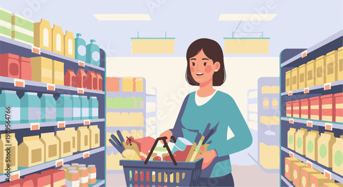 Woman shopping for groceries with a full basket in a brightly lit supermarket aisle