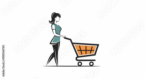 Stylized woman pushing a shopping cart