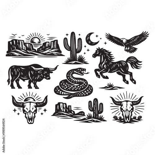 Western Boho Linocut Vector Set Collection 