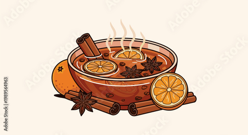 A steaming bowl of mulled cider with oranges, cinnamon, and star anise