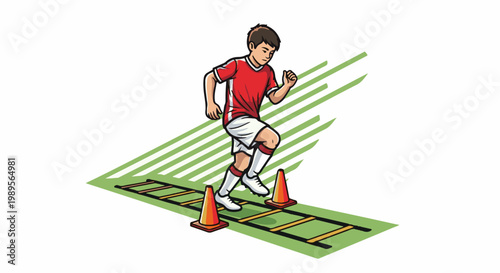 Young athlete in red jersey practices drills with cones and agility ladder