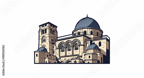 Stylized depiction of a grand, ancient stone building with domes and towers