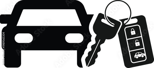 Car and Key Icon Set. Auto Loan and Insurance Symbols. Car with key and protection icons. Vehicle ownership and rental sign. Travel and mobility signs

