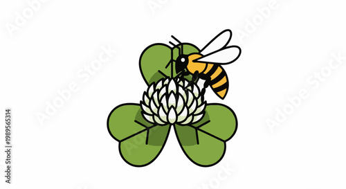 Stylized bee collecting nectar from a white clover bloom surrounded by green leaves