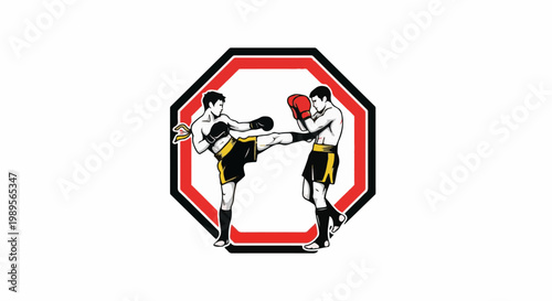 Two fighters in an octagon, one delivering a powerful kick to opponent