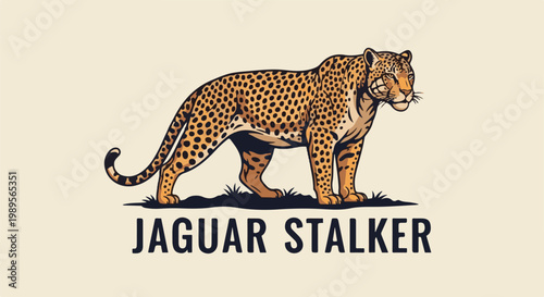 Stylized spotted big cat stands alert on grassy patch below text