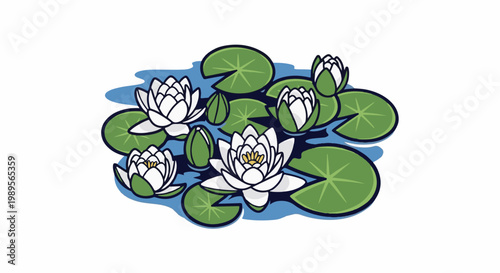 A stylized illustration of white water lilies and green pads floating on blue water