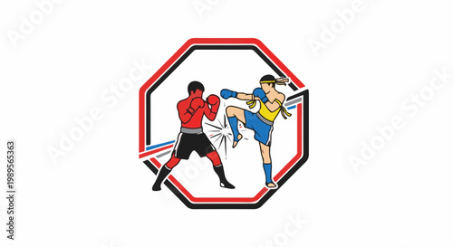 Two fighters, one in red, one in yellow/blue, in martial arts combat