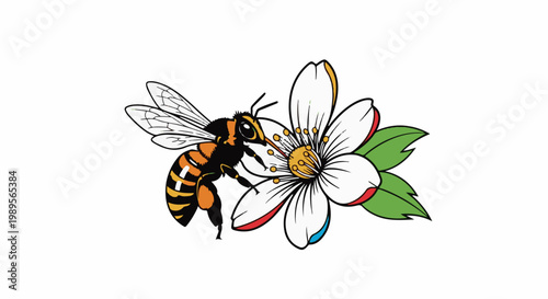 A bee pollinates a white flower with red and blue accents on petals