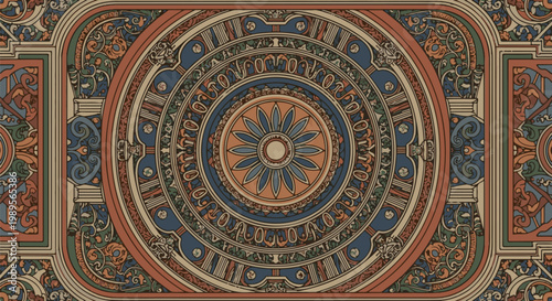 Ornate circular pattern with floral center and geometric borders