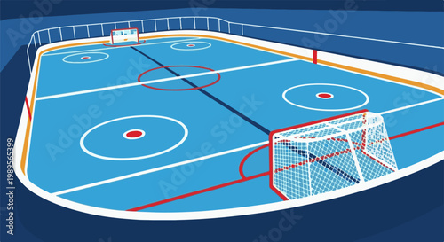 A stylized ice hockey rink with nets, lines, and circles