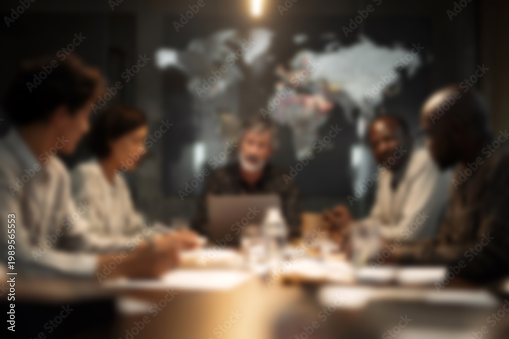 Fototapeta premium Blurred Diverse team engaged in a meeting with a global map in the background
