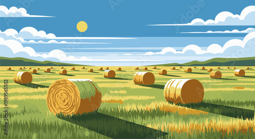 Sunny day in a field with many hay bales under a blue sky