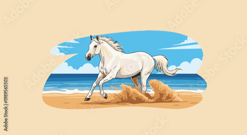 White horse gallops on a sandy beach with ocean and sky