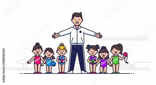 Coach with young gymnasts in colorful leotards holding equipment