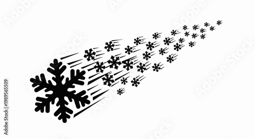 Trail of black snowflakes falling dynamically against a white background