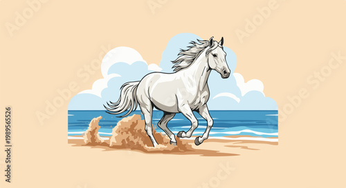 A majestic white horse gallops freely along a sandy beach by the sea