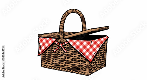 Woven picnic basket with red gingham cloth and wooden handle