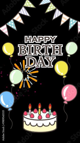 Vertical Cute Birthday Frame Animation with Alpha Channel for Mobile, Happy Birthday Text Animation, Bunting, Cake Pop In, Balloons and Fireworks