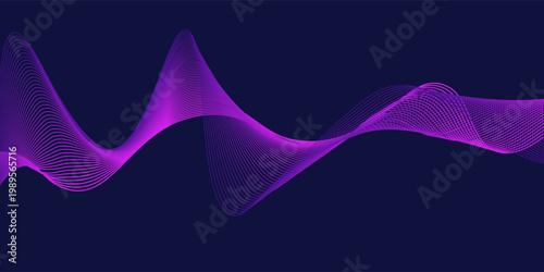 Futuristic dark abstract background with vibrant violet and pink glowing waves on a deep navy backdrop. Perfect for modern digital posters, tech presentations, or music visuals. Vector horizontal temp