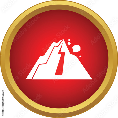 Mountain icon with falling rocks representing a landslide hazard on a red background