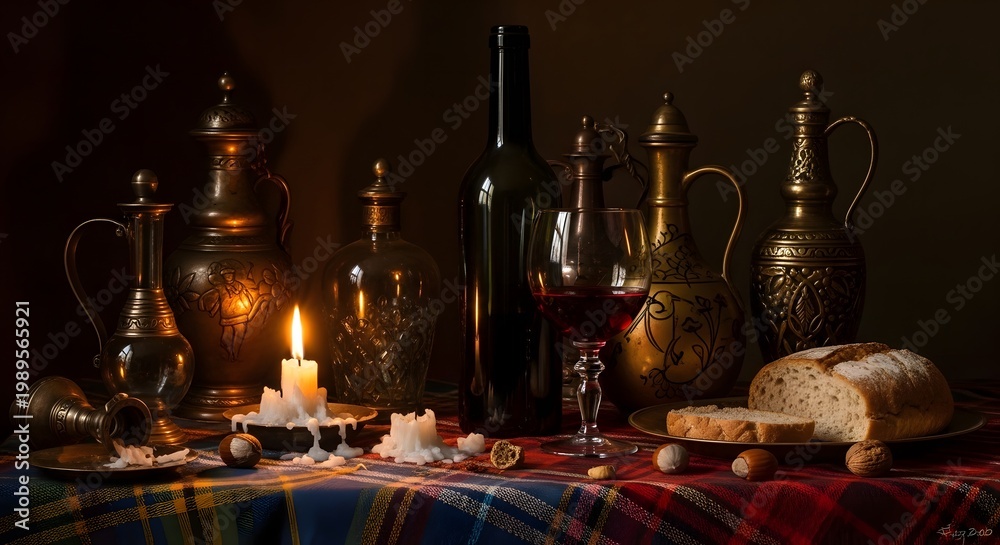 Fototapeta premium Still life with antique bottles candlelight and fruit a baroque inspired composition