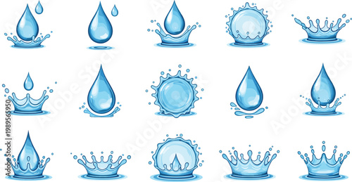 Large Set of Blue Water Drop and Splash Vector Icons Featuring Liquid Ripples, Crowns, and Falling Droplets for Mineral Water, Skincare, and Hygiene Product Branding