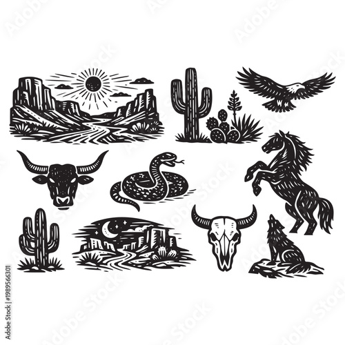 Western Boho Linocut Vector Set Collection 