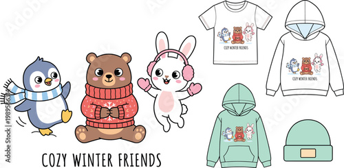 Cuteness Overload Cozy Winter Friends Character Set Featuring Penguin, Bear, and Rabbit for Kids Apparel, Hoodies, and T-shirt Graphic Designs