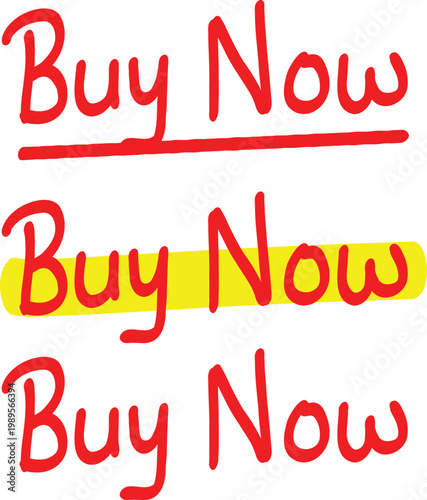 Handwritten Buy Now text set with underline and highlight red call to action marketing design.