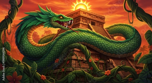 Mythological Serpent Deity and Ancient Pyramid Under a Fiery Sunset Sky