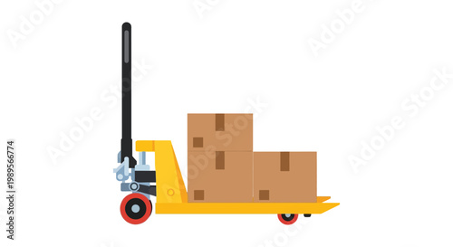 Yellow pallet truck with cardboard boxes 
