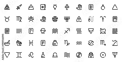 Esoteric symbols icon set. Vector illustration pack featuring All-seeing eye, Tarot, Runes, Pentagram, Zodiac signs, Voodoo, Yin yang and more.