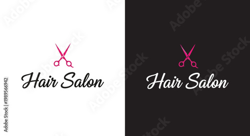 Modern hair salon logo design with scissors and elegant typography on white and black backgrounds for beauty branding