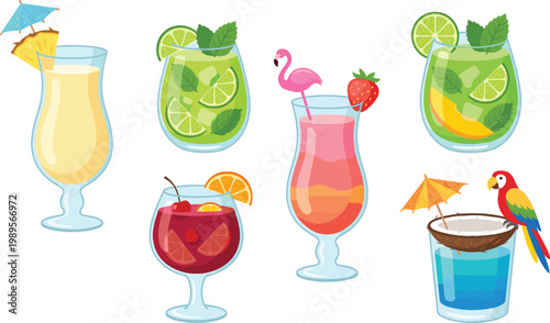 Large Set of Tropical Summer Cocktails and Exotic Beach Drinks Featuring Mojitos, Pina Colada, Sangria, and Tiki Mocktails with Flamingo and Parrot Decorations for Menus