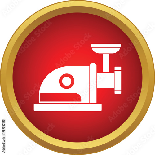 Electric meat grinder kitchen appliance in a simple flat red circle icon
