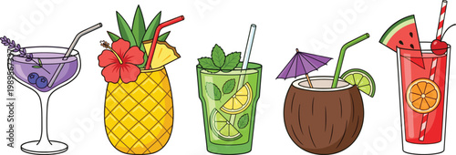 Set of Refreshing Summer Cocktails and Tropical Beach Drinks in Pineapple, Coconut, and Decorative Glassware with Fruit Garnish for Bar Menu and Party Poster Designs