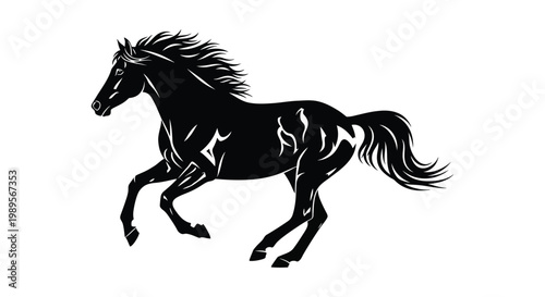 Black horse running with flowing mane and tail in a dynamic pose